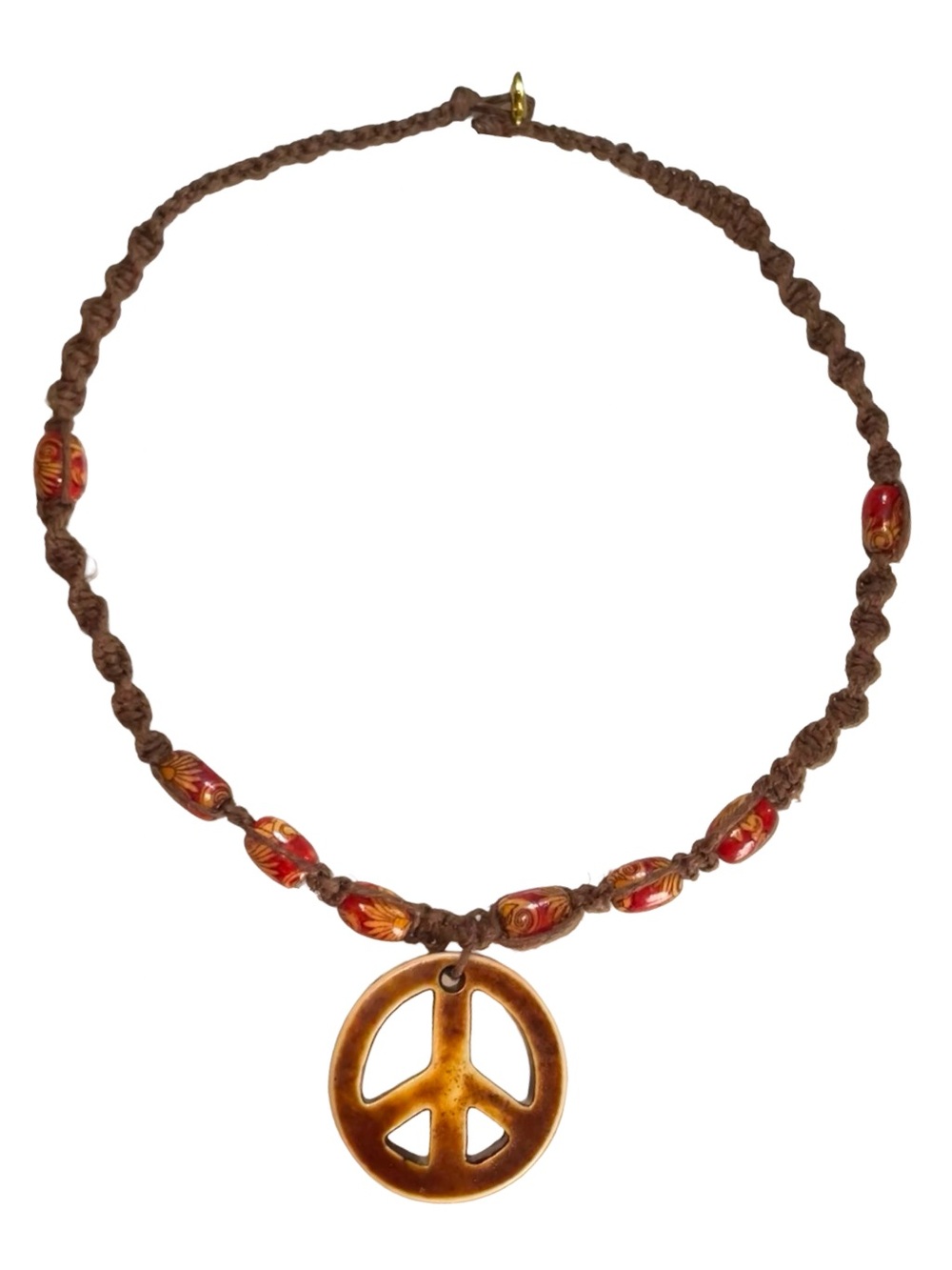 Handmade Intricate Brown Hemp Cord Necklace With Natural Wood Peace Sign Pendant